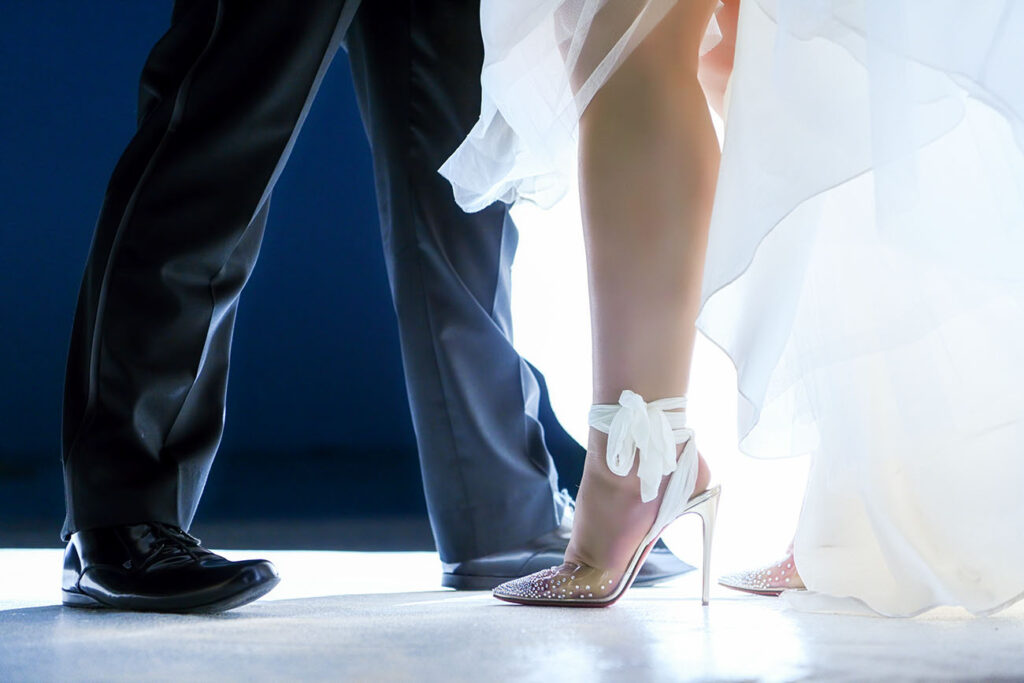 Wedding shoes of bride and groom