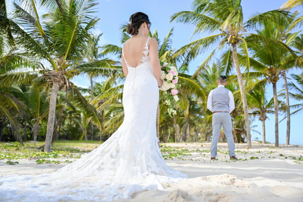 First look at palm tree forest HRPC Punta Cana wedding photographer