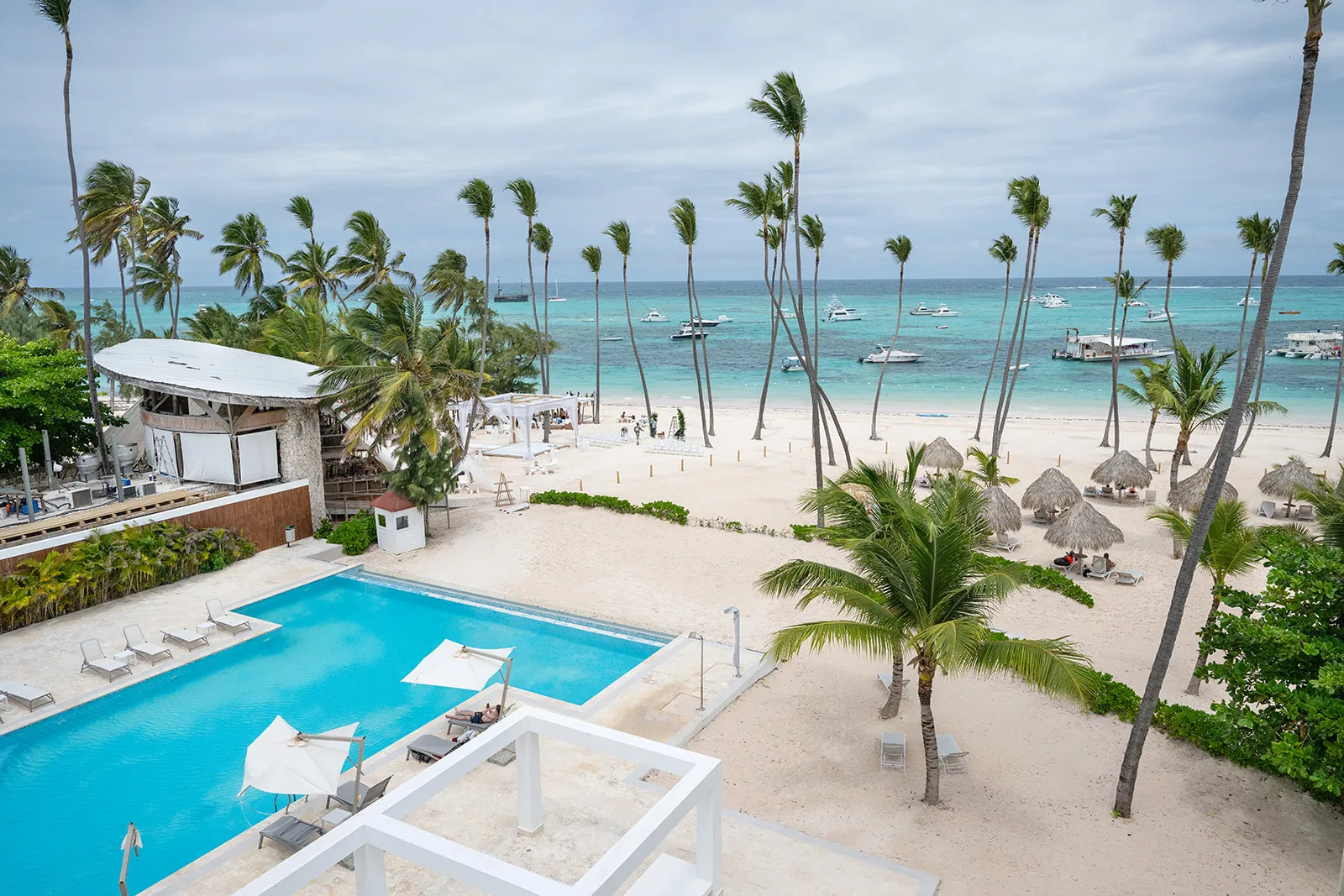 Jellyfish restaurant drone photo Aerial view of Jellyfish Restaurant, its pool and the ceremony setup on Bávaro Beach