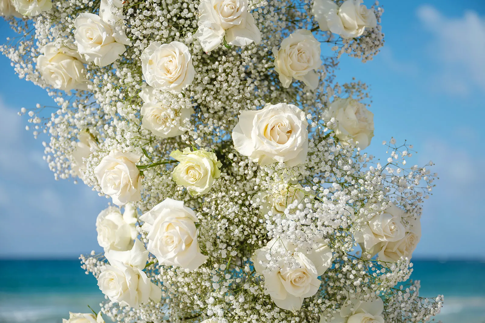 White roses and baby's breath on the ceremony arch against the ocean at Dreams Macao Beach